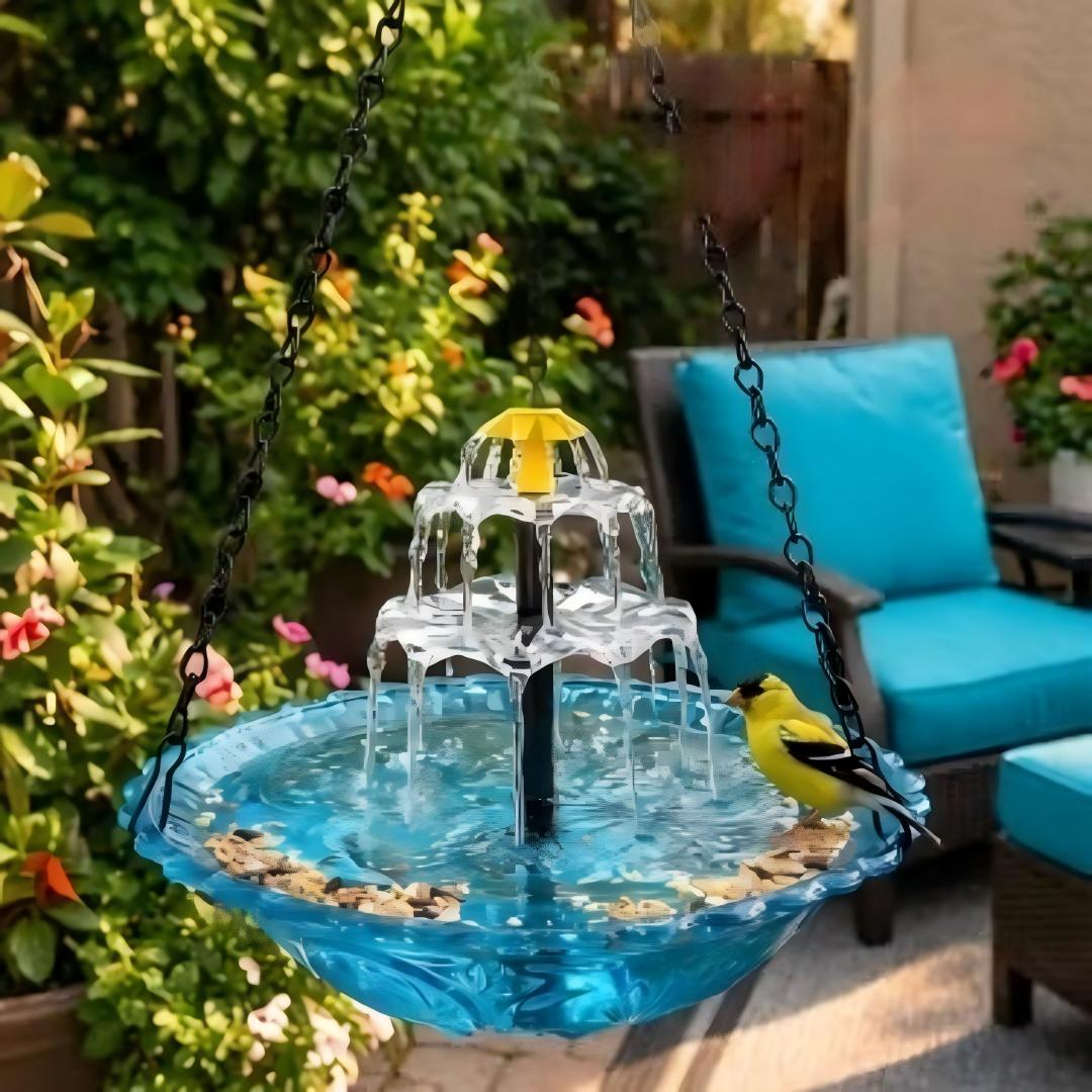 Hanging Bird Bath Fountain, 3-Tier Solar Water Fountain for Hummingbirds, Outdoor Bird Feeder with Blue Glass Basin