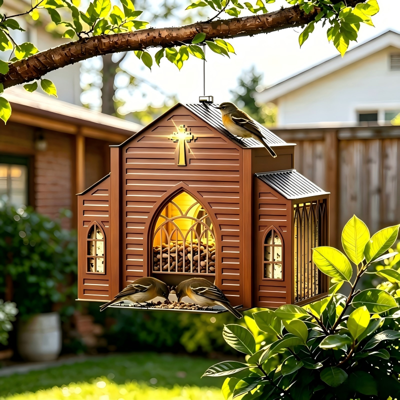 Unique Chapel Bird Feeder with LED Light, Weatherproof Hanging Feeder for Cardinals & Finches