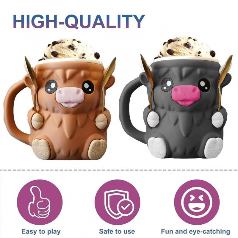 Highland Cow Ice Cream Pint Holder, Cute Silicone Freezer Bowl with Spoon Slots