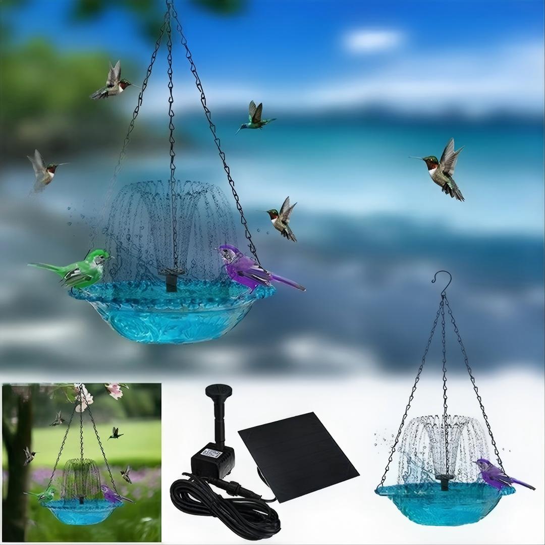 Hanging Bird Bath Fountain, 3-Tier Solar Water Fountain for Hummingbirds, Outdoor Bird Feeder with Blue Glass Basin