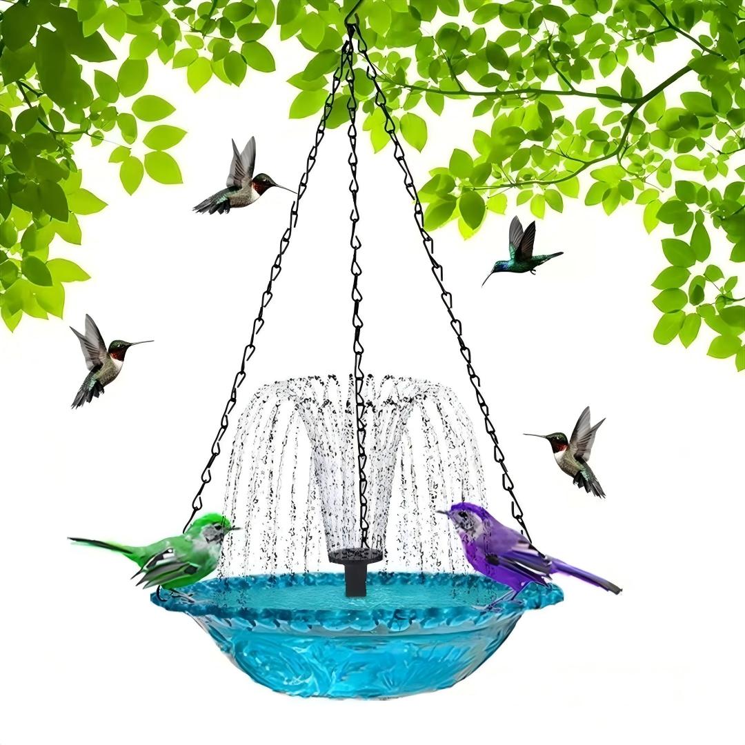 Hanging Bird Bath Fountain, 3-Tier Solar Water Fountain for Hummingbirds, Outdoor Bird Feeder with Blue Glass Basin