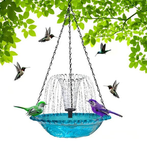 Hanging Bird Bath Fountain, 3-Tier Solar Water Fountain for Hummingbirds, Outdoor Bird Feeder with Blue Glass Basin