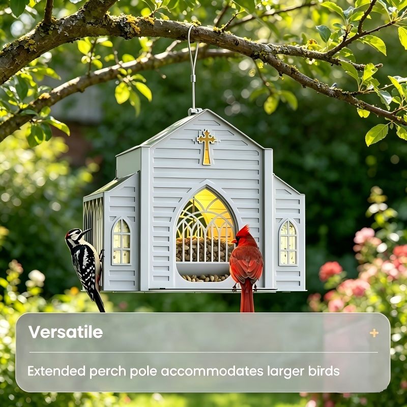 Unique Chapel Bird Feeder with LED Light, Weatherproof Hanging Feeder for Cardinals & Finches