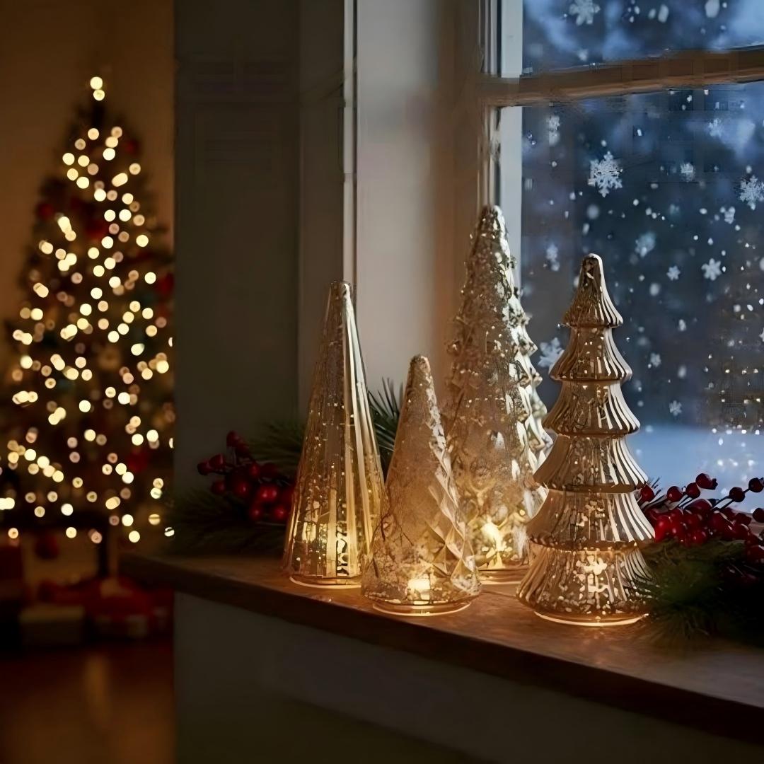 Gold Ribbed Glass Christmas Tree, Unlit Tabletop Decorative Tree for Holiday Display