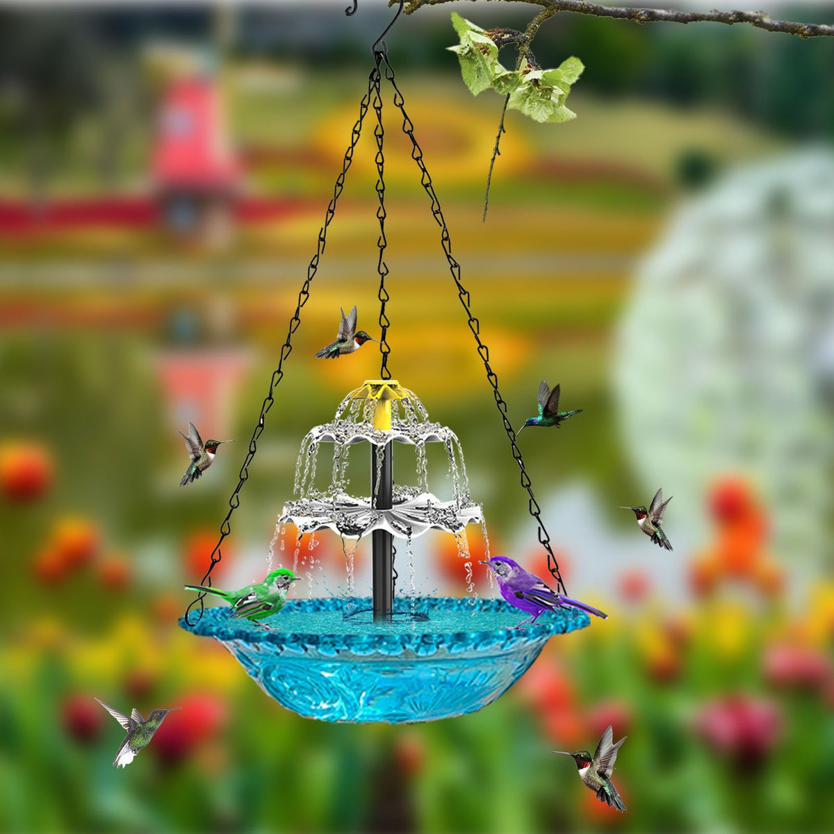 Hanging Bird Bath Fountain, 3-Tier Solar Water Fountain for Hummingbirds, Outdoor Bird Feeder with Blue Glass Basin