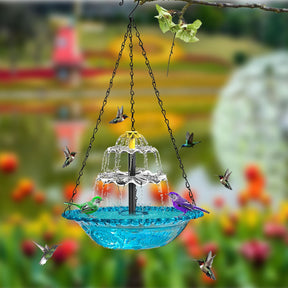 Hanging Bird Bath Fountain, 3-Tier Solar Water Fountain for Hummingbirds, Outdoor Bird Feeder with Blue Glass Basin