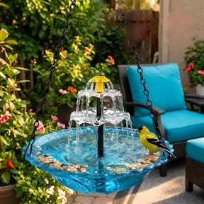 Hanging Bird Bath Fountain, 3-Tier Solar Water Fountain for Hummingbirds, Outdoor Bird Feeder with Blue Glass Basin