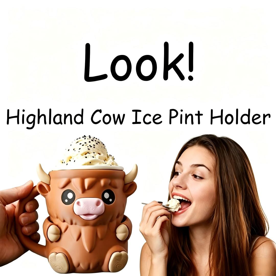 Highland Cow Ice Cream Pint Holder, Cute Silicone Freezer Bowl with Spoon Slots
