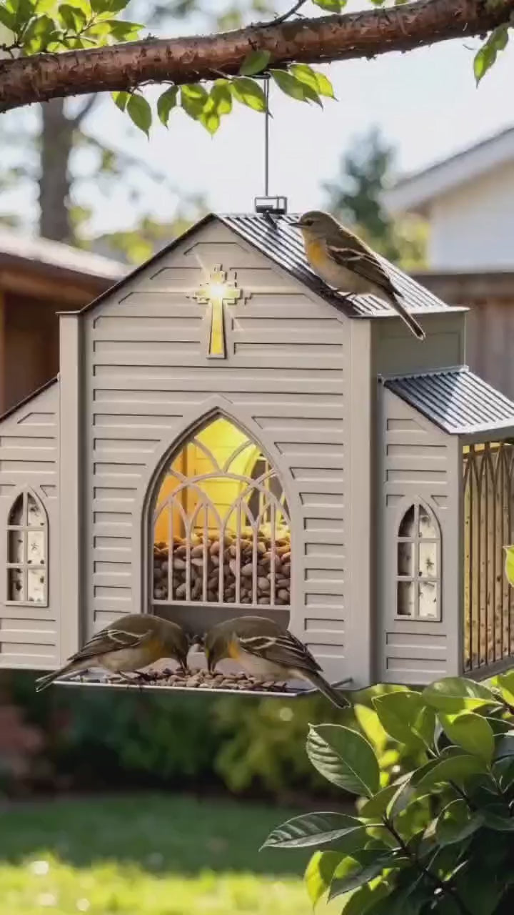 Unique Chapel Bird Feeder with LED Light, Weatherproof Hanging Feeder for Cardinals & Finches