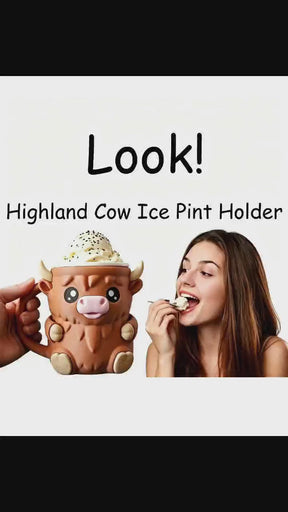 Highland Cow Ice Cream Pint Holder, Cute Silicone Freezer Bowl with Spoon Slots