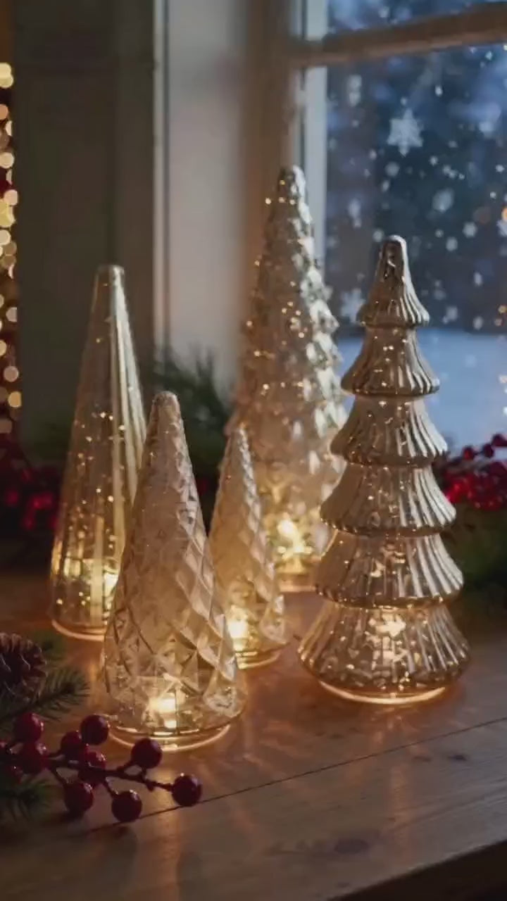 Gold Ribbed Glass Christmas Tree, Unlit Tabletop Decorative Tree for Holiday Display